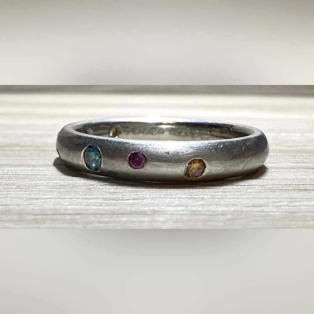 Vintage Designer Signed Flush Set Multi-Colored Gemstone Platinum Ring, Size 6.5 - Picture 2 of 13